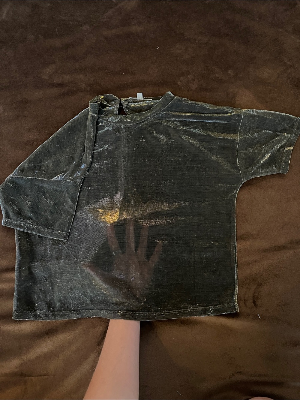 Sheer Mesh Short Sleeve Top in Dark Charcoal and Gold